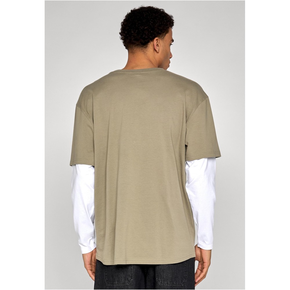 Urban Classics - Oversized Shaped Double Layer Top à manches longues - Olive verte/Blanc